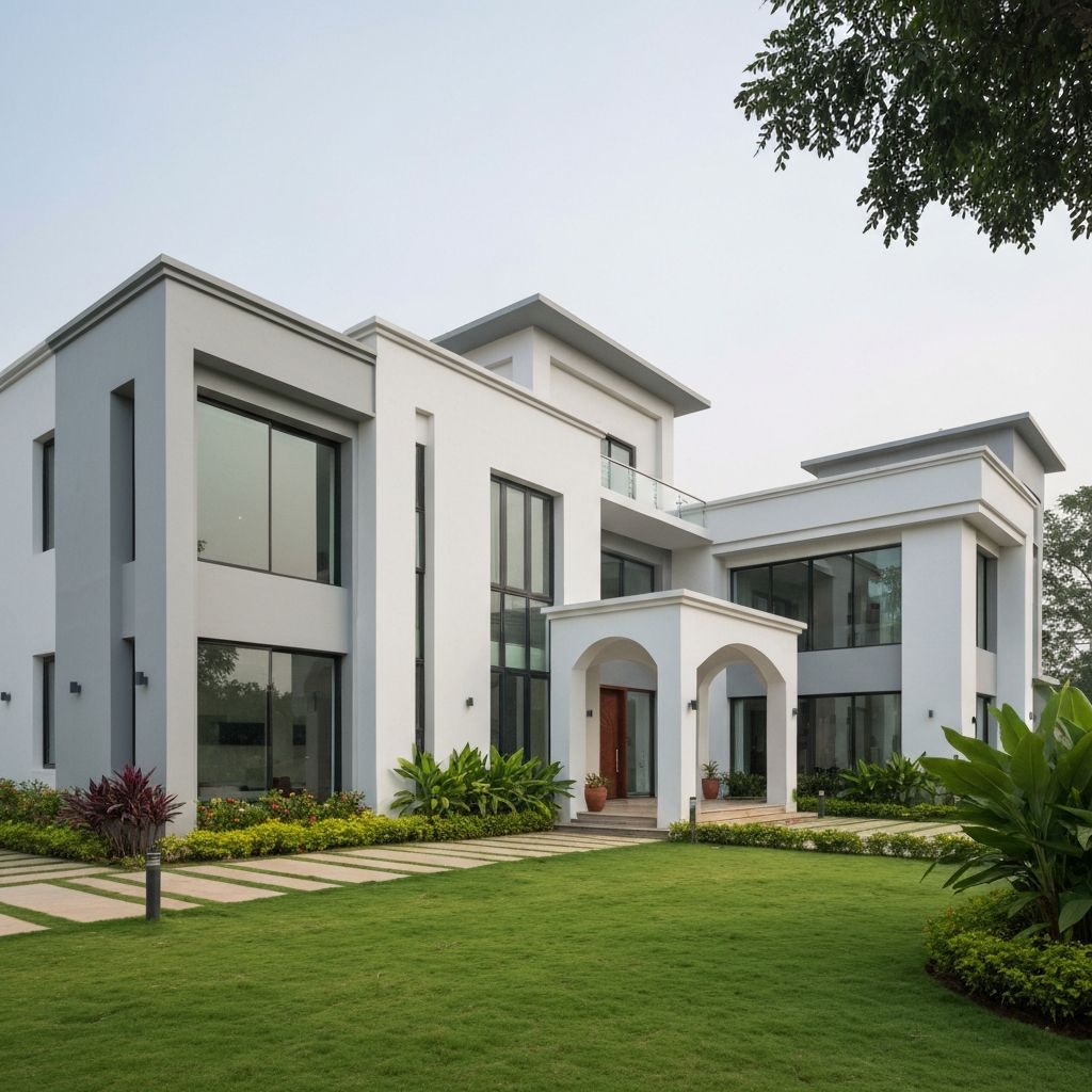 Modern Indian villa with beautifully painted white and grey exterior walls and professional finishes